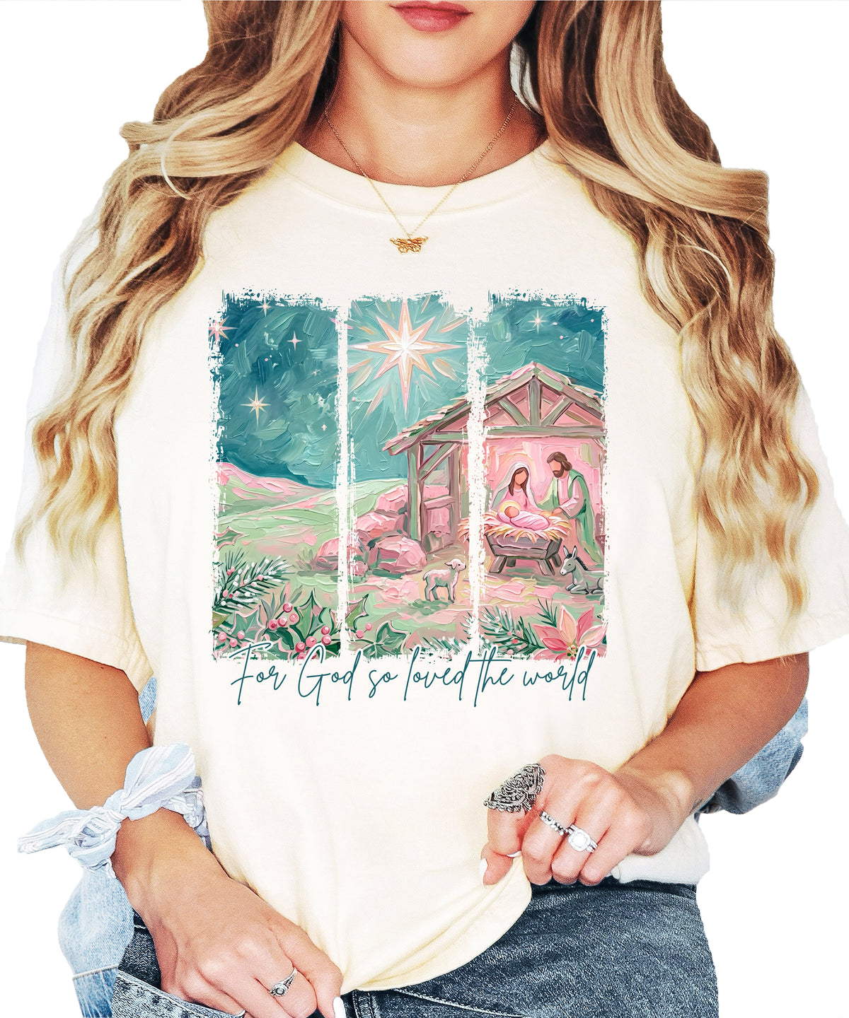 For God So Loved the World nativity Christmas shirt for women, Ivory Comfort Colors tee