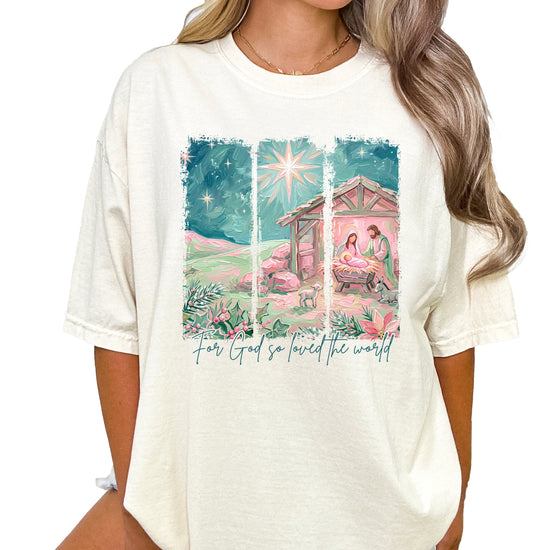 For God So Loved the World nativity Christmas shirt for women, Ivory Comfort Colors tee