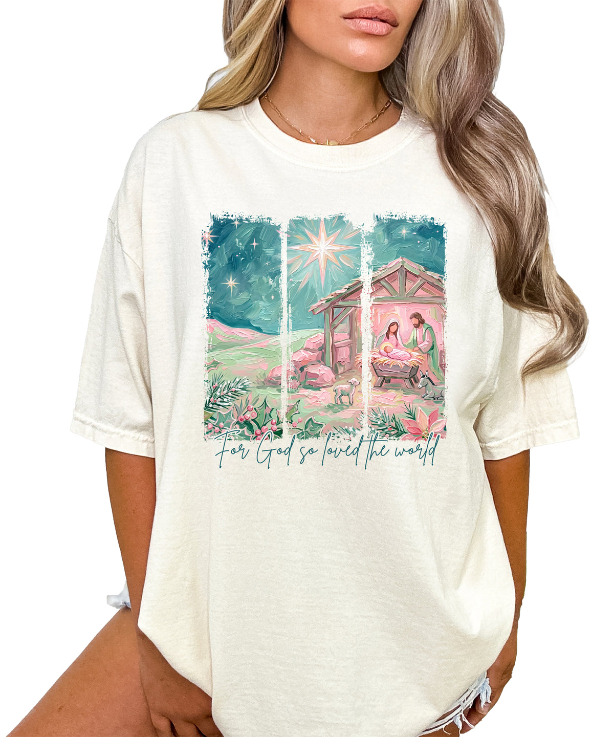 For God So Loved the World nativity Christmas shirt for women, Ivory Comfort Colors tee