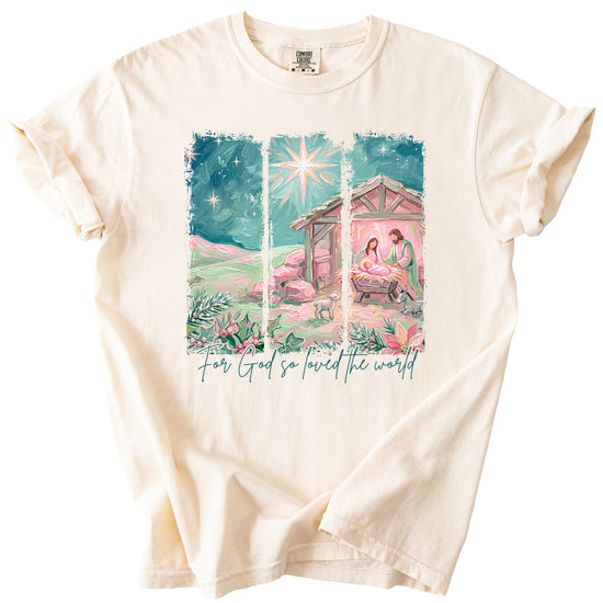 For God So Loved the World nativity Christmas shirt for women, Ivory Comfort Colors tee
