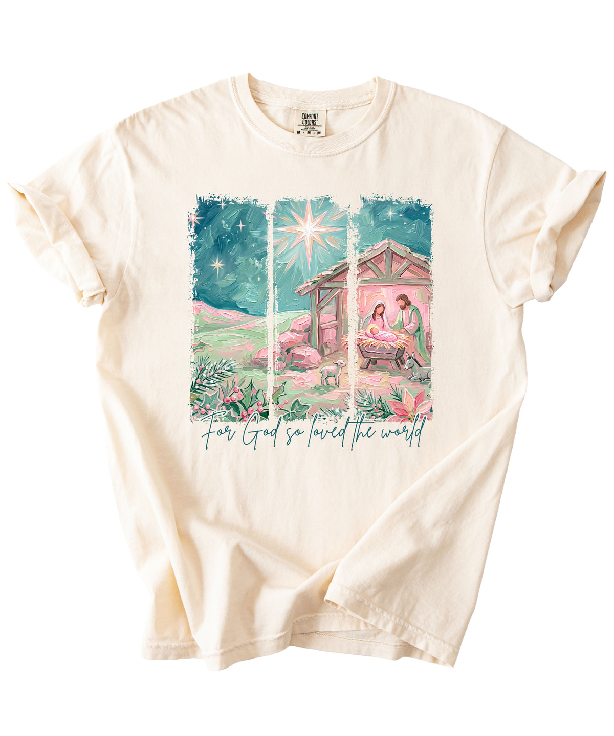 For God So Loved the World nativity Christmas shirt for women, Ivory Comfort Colors tee