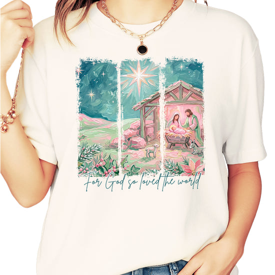 For God So Loved the World nativity Christmas shirt for women, Ivory Comfort Colors tee