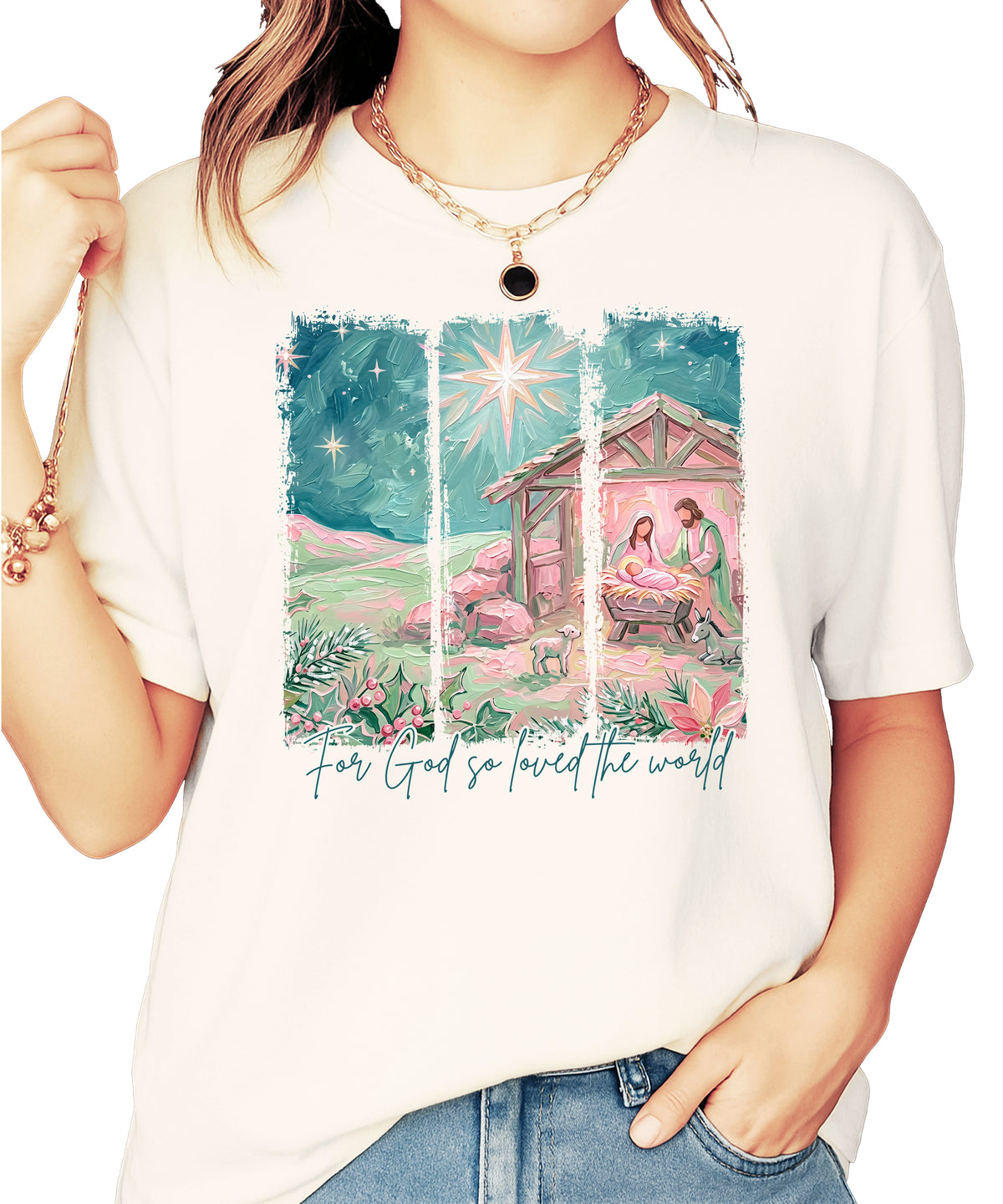 For God So Loved the World nativity Christmas shirt for women, Ivory Comfort Colors tee