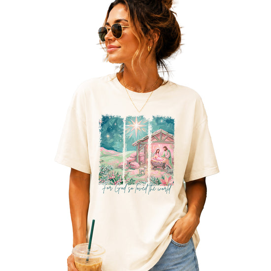For God So Loved the World nativity Christmas shirt for women, Ivory Comfort Colors tee