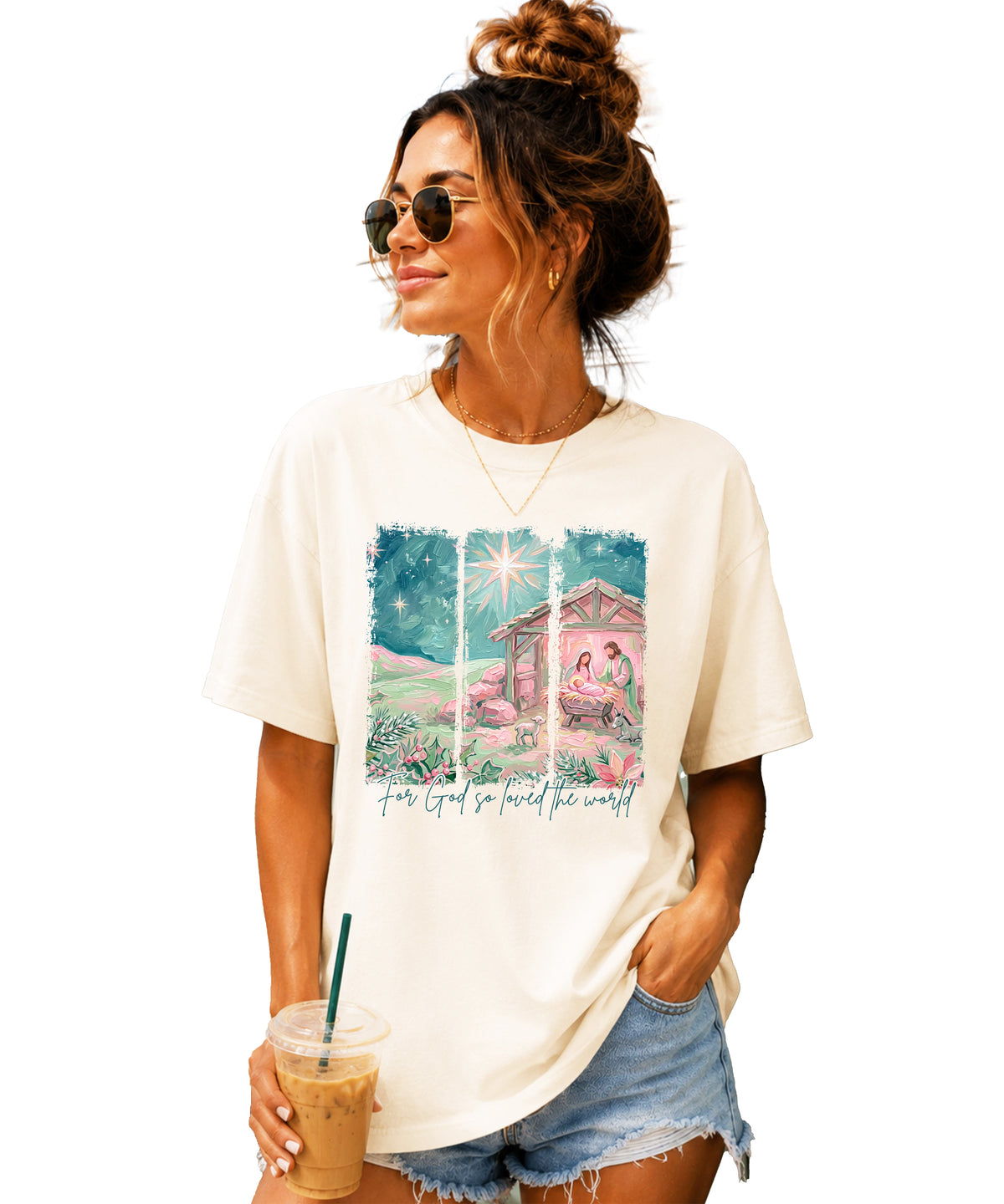 For God So Loved the World nativity Christmas shirt for women, Ivory Comfort Colors tee