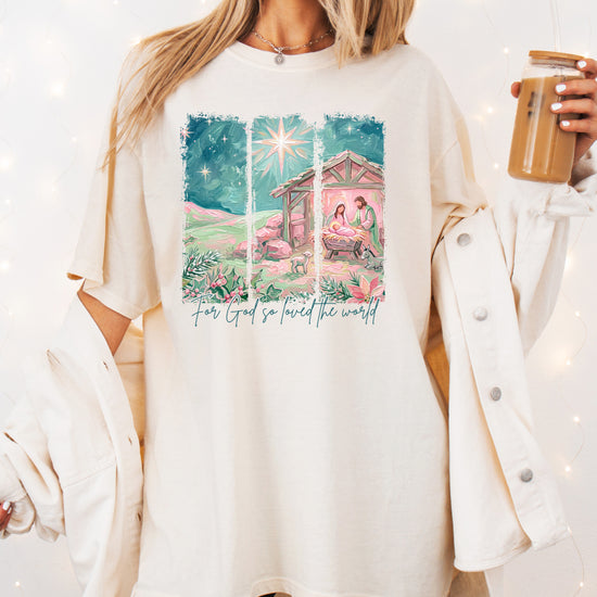 For God So Loved the World nativity Christmas shirt for women, Ivory Comfort Colors tee
