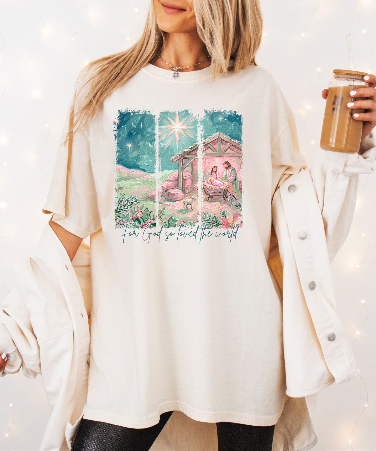 For God So Loved the World nativity Christmas shirt for women, Ivory Comfort Colors tee