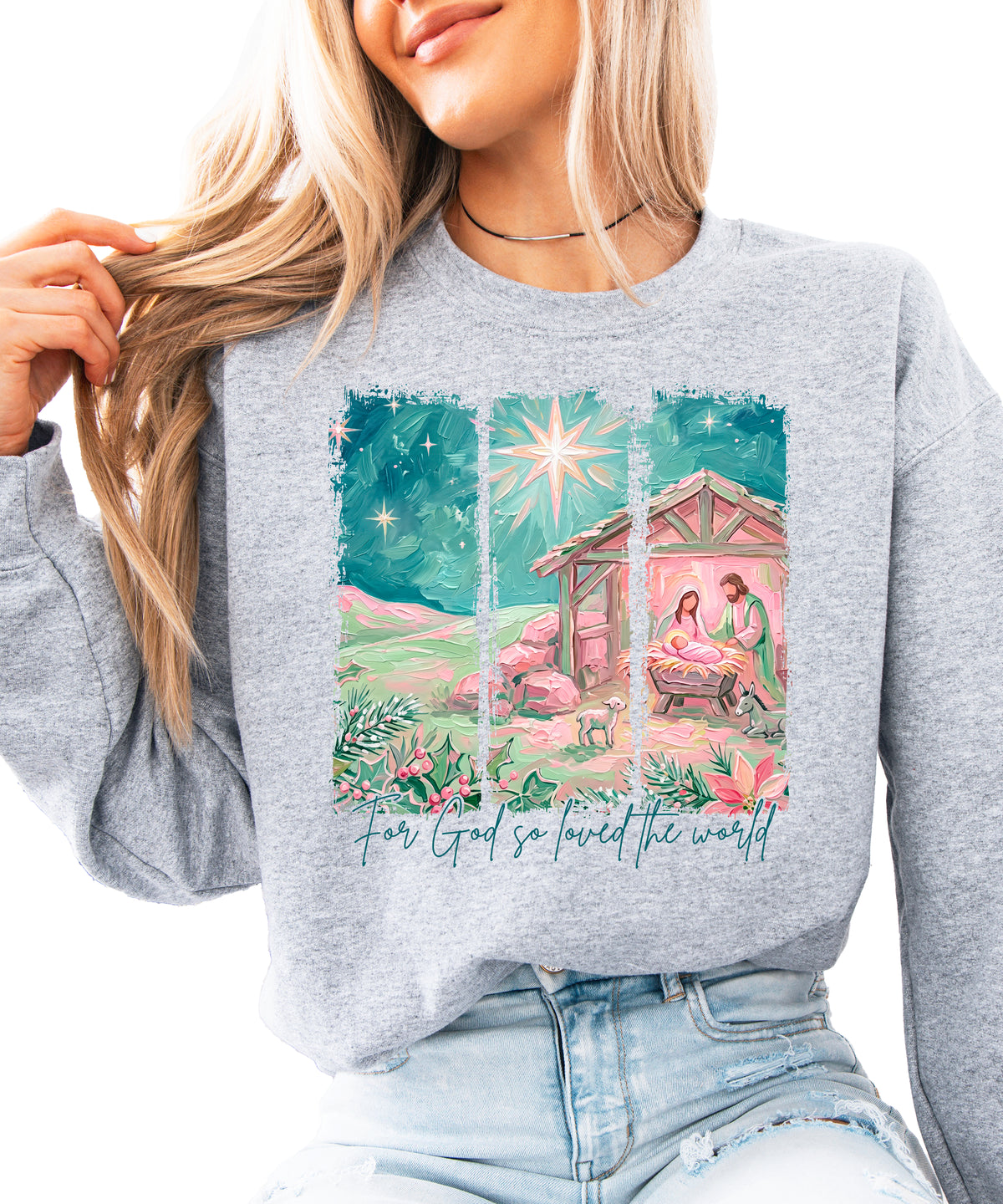 For God So Loved the World Nativity Christmas Sweatshirt for Women in Gray
