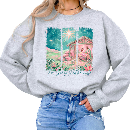 For God So Loved the World Nativity Christmas Sweatshirt for Women in Gray