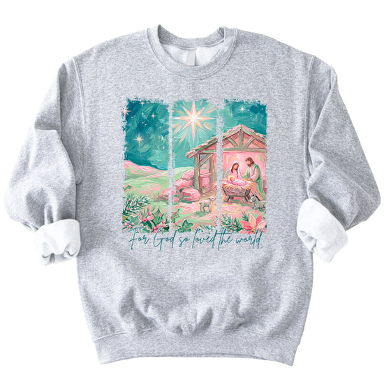 For God So Loved the World Nativity Christmas Sweatshirt for Women in Gray