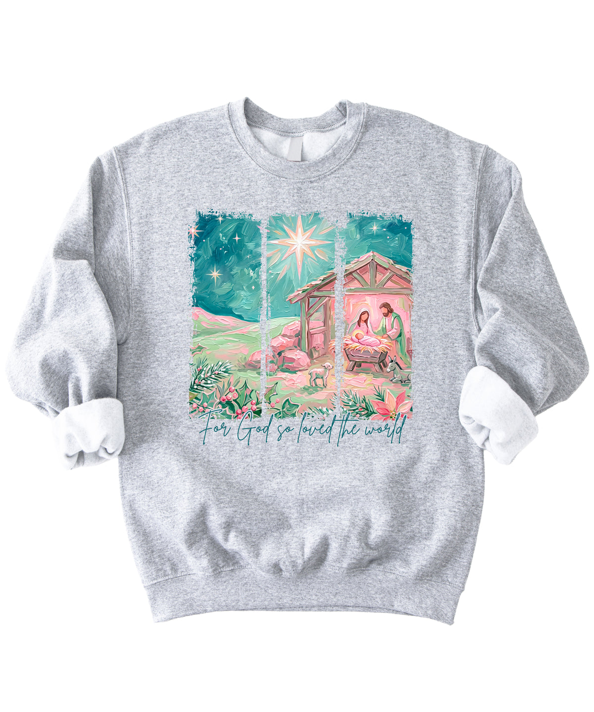 For God So Loved the World Nativity Christmas Sweatshirt for Women in Gray