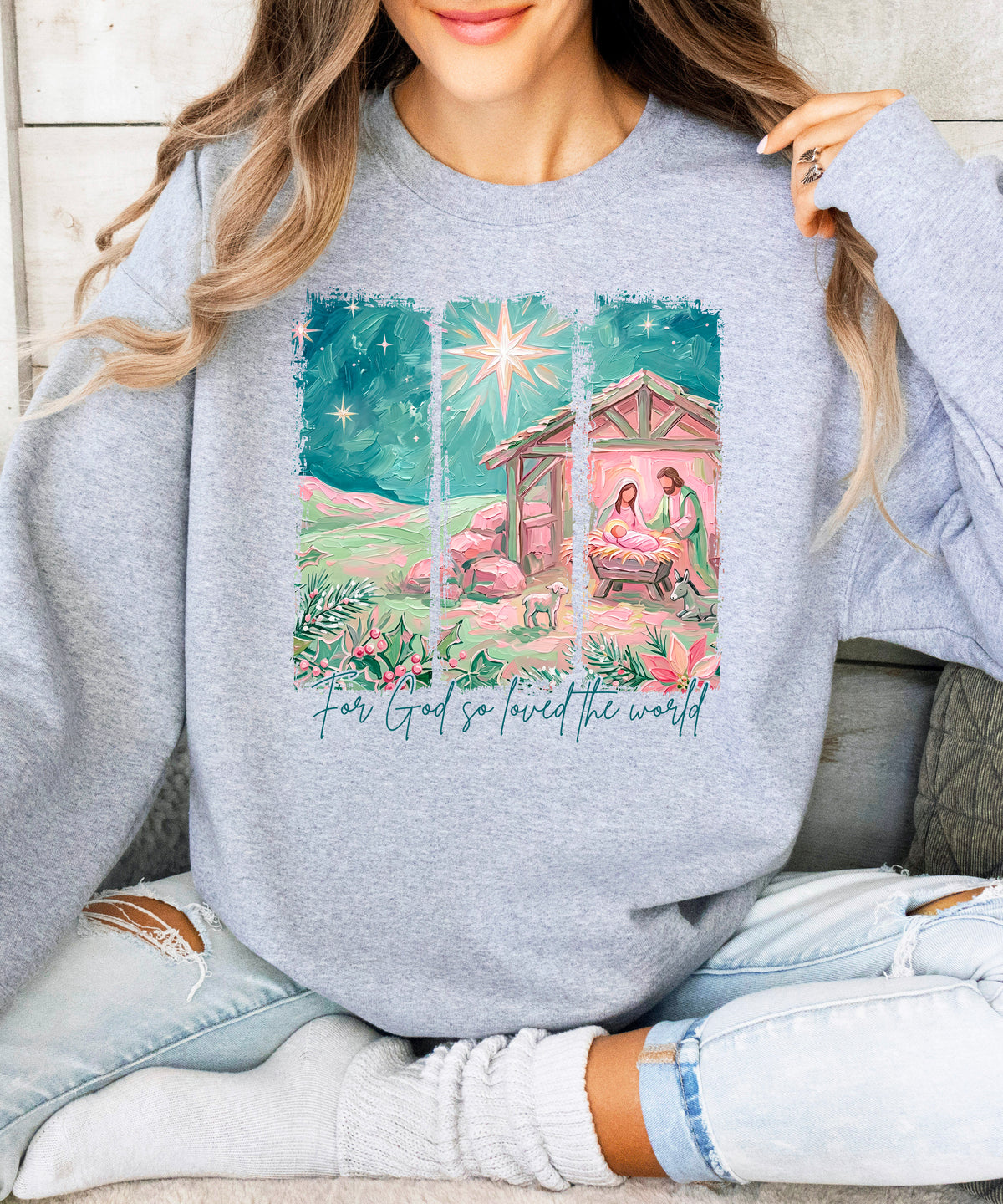For God So Loved the World Nativity Christmas Sweatshirt for Women in Gray