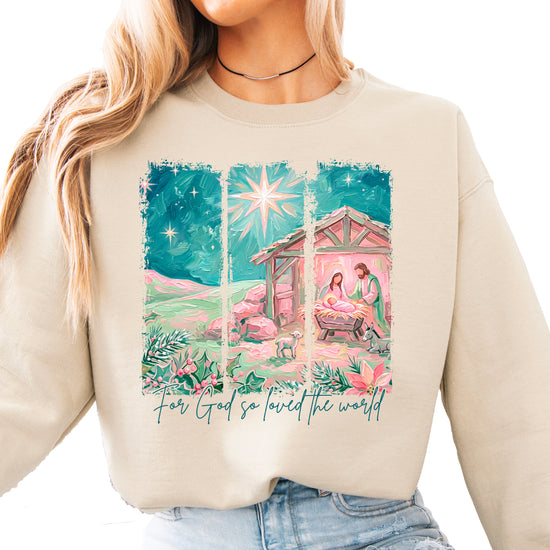For God So Loved the World Nativity Christmas Sweatshirt for Women in Sand