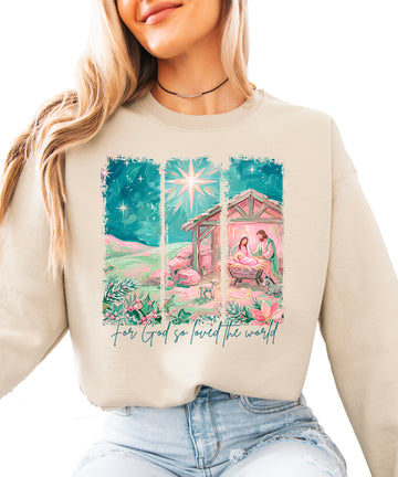 For God So Loved the World Nativity Christmas Sweatshirt for Women in Sand