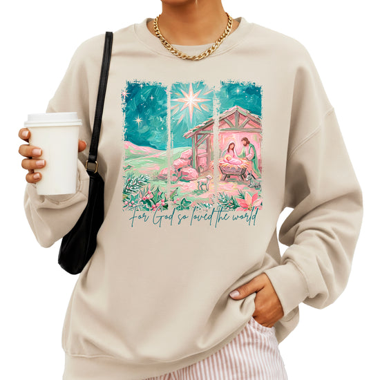 For God So Loved the World Nativity Christmas Sweatshirt for Women in Sand
