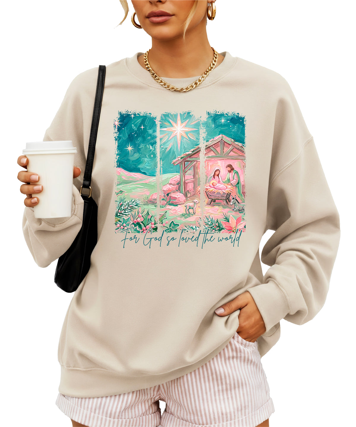 For God So Loved the World Nativity Christmas Sweatshirt for Women in Sand