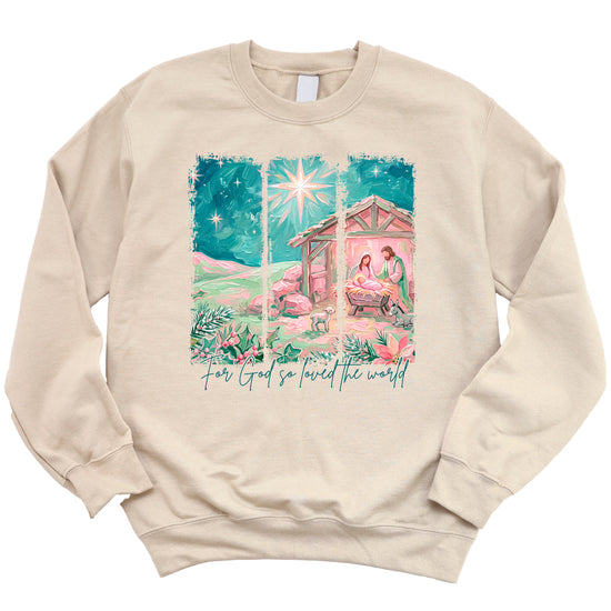For God So Loved the World Nativity Christmas Sweatshirt for Women in Sand