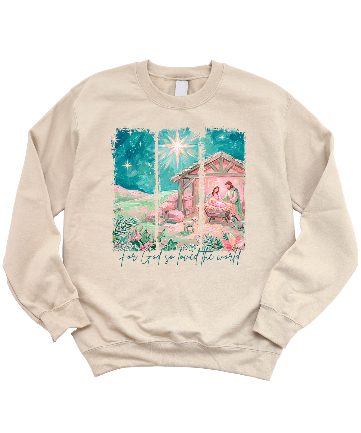 For God So Loved the World Nativity Christmas Sweatshirt for Women in Sand