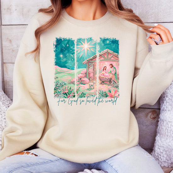 For God So Loved the World Nativity Christmas Sweatshirt for Women in Sand