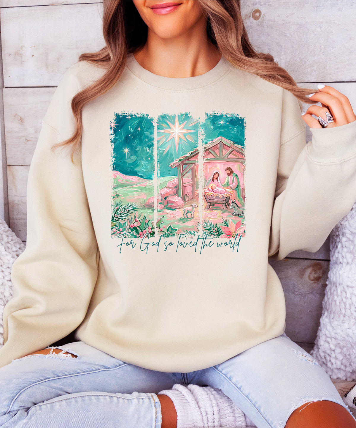 For God So Loved the World Nativity Christmas Sweatshirt for Women in Sand