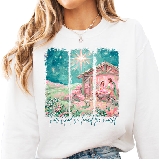 For God So Loved the World Nativity Christmas Sweatshirt for Women in White