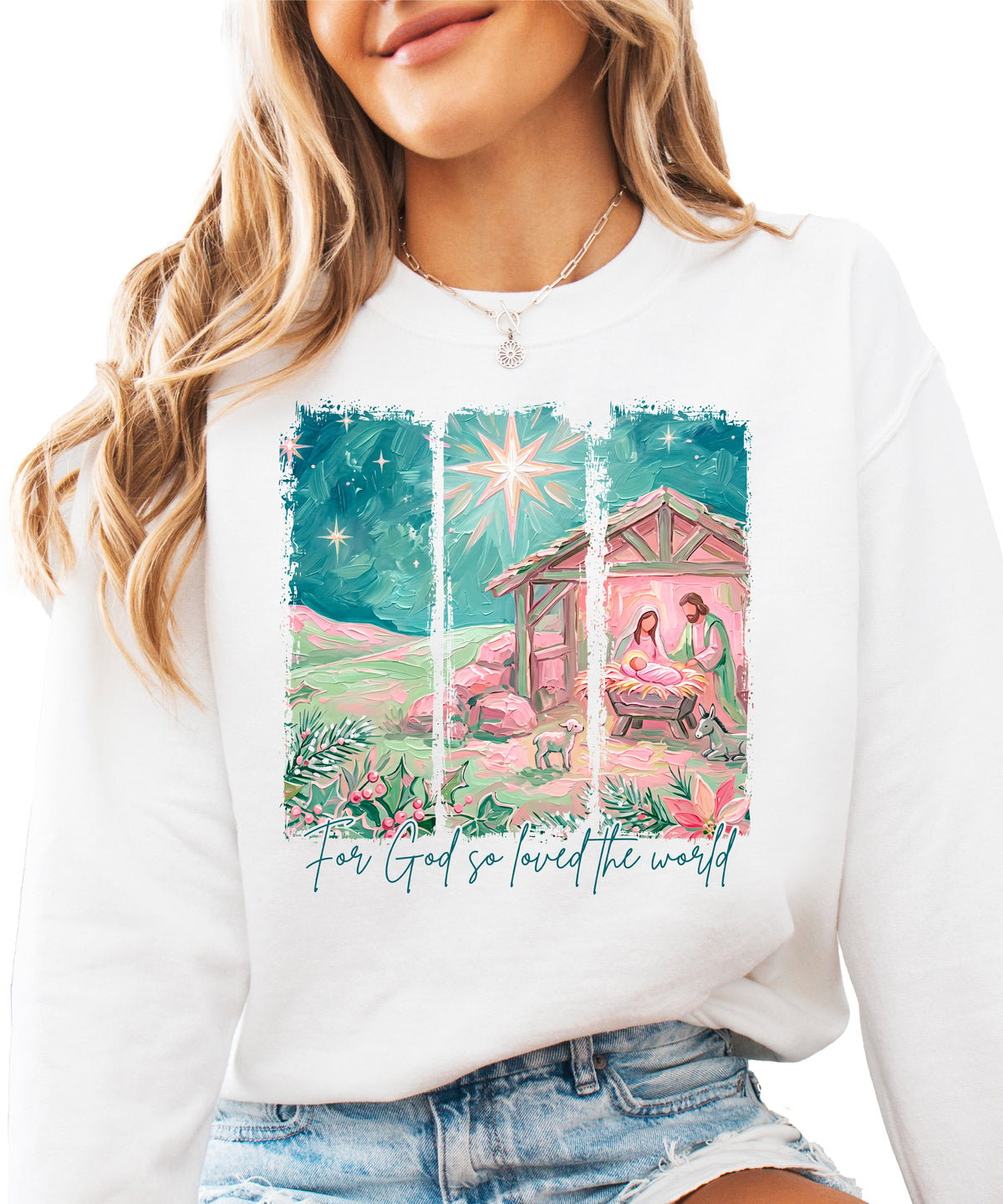 For God So Loved the World Nativity Christmas Sweatshirt for Women in White