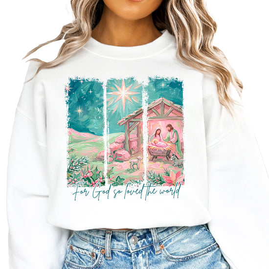 For God So Loved the World Nativity Christmas Sweatshirt for Women in White