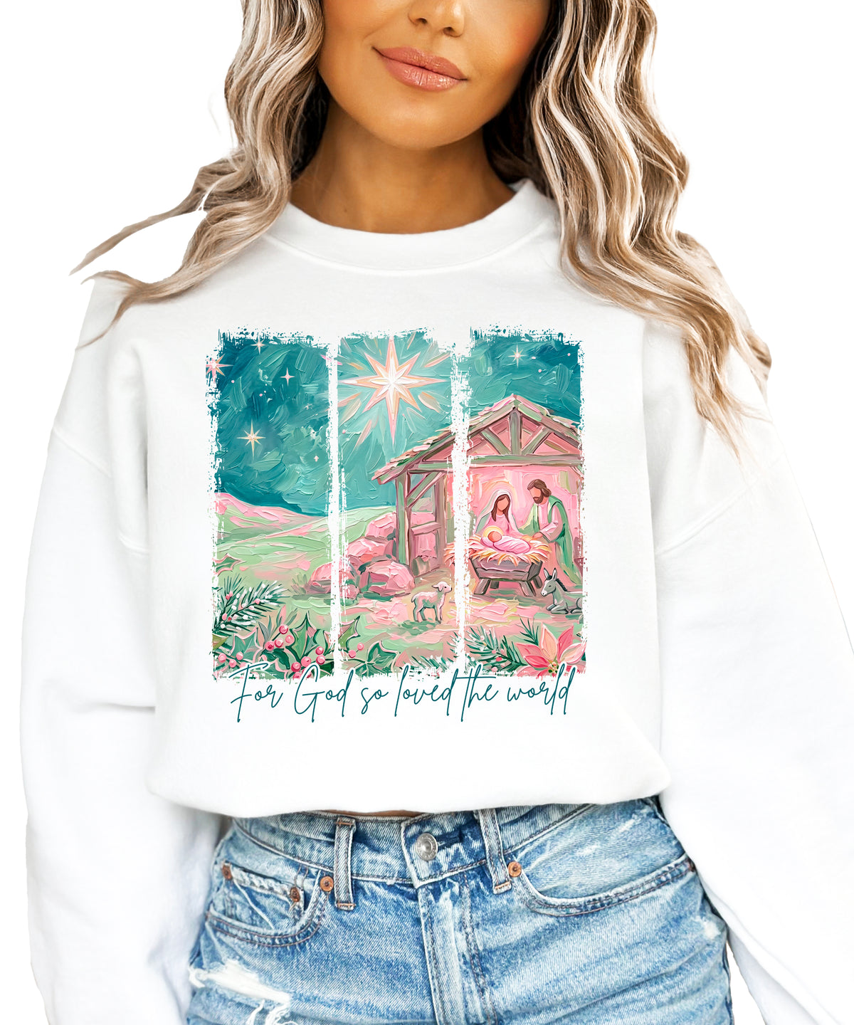 For God So Loved the World Nativity Christmas Sweatshirt for Women in White