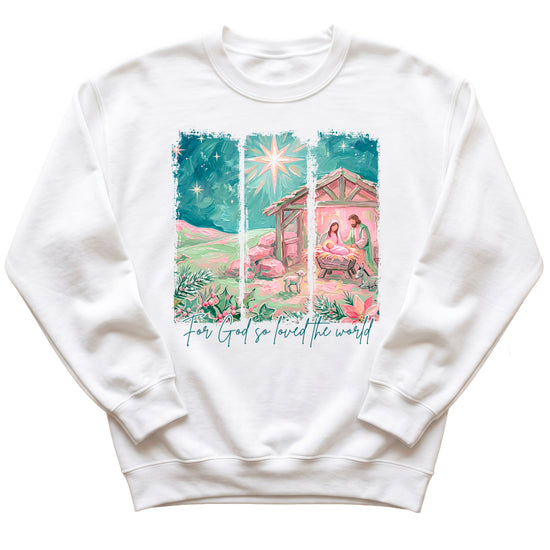 For God So Loved the World Nativity Christmas Sweatshirt for Women in White