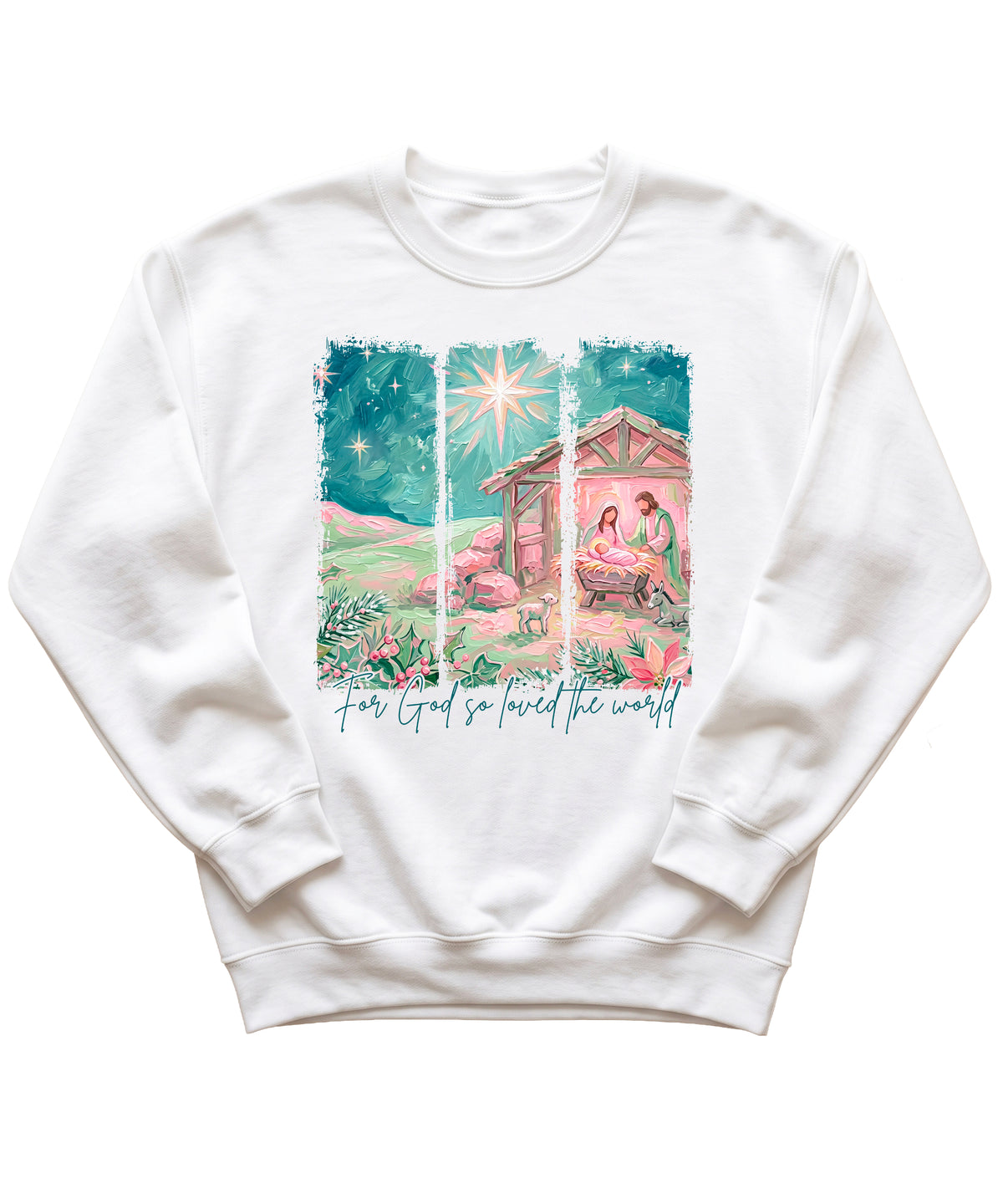 For God So Loved the World Nativity Christmas Sweatshirt for Women in White
