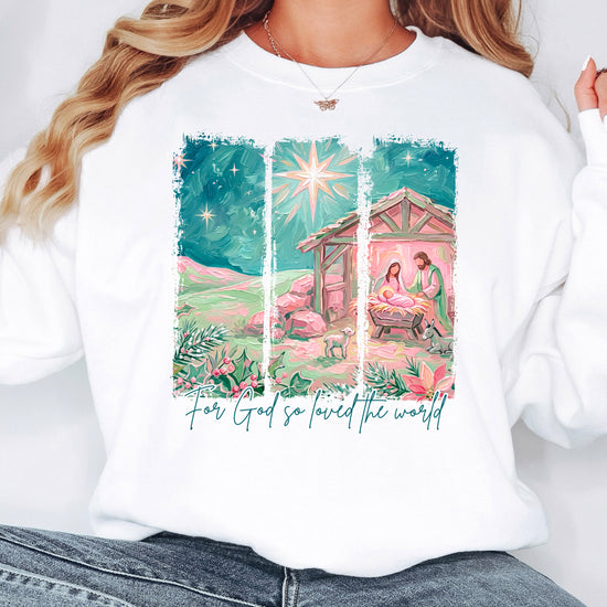For God So Loved the World Nativity Christmas Sweatshirt for Women in White