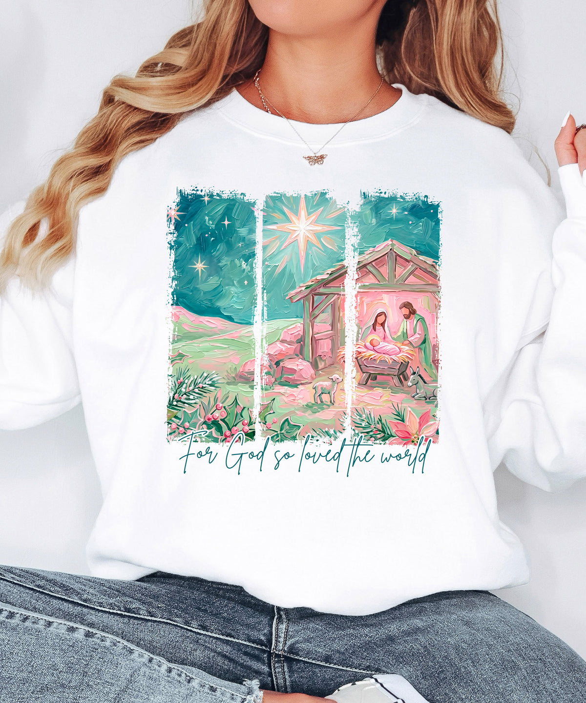 For God So Loved the World Nativity Christmas Sweatshirt for Women in White