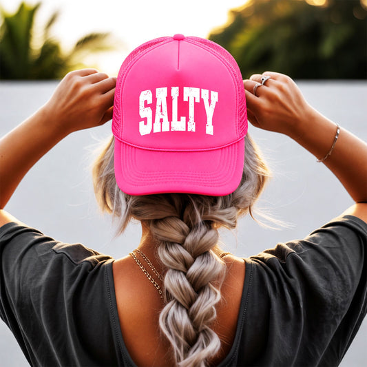 Salty Distressed Font Women & Teen Summer Trucker Hat Classic 5 Panel Foam Front Mesh Snapback