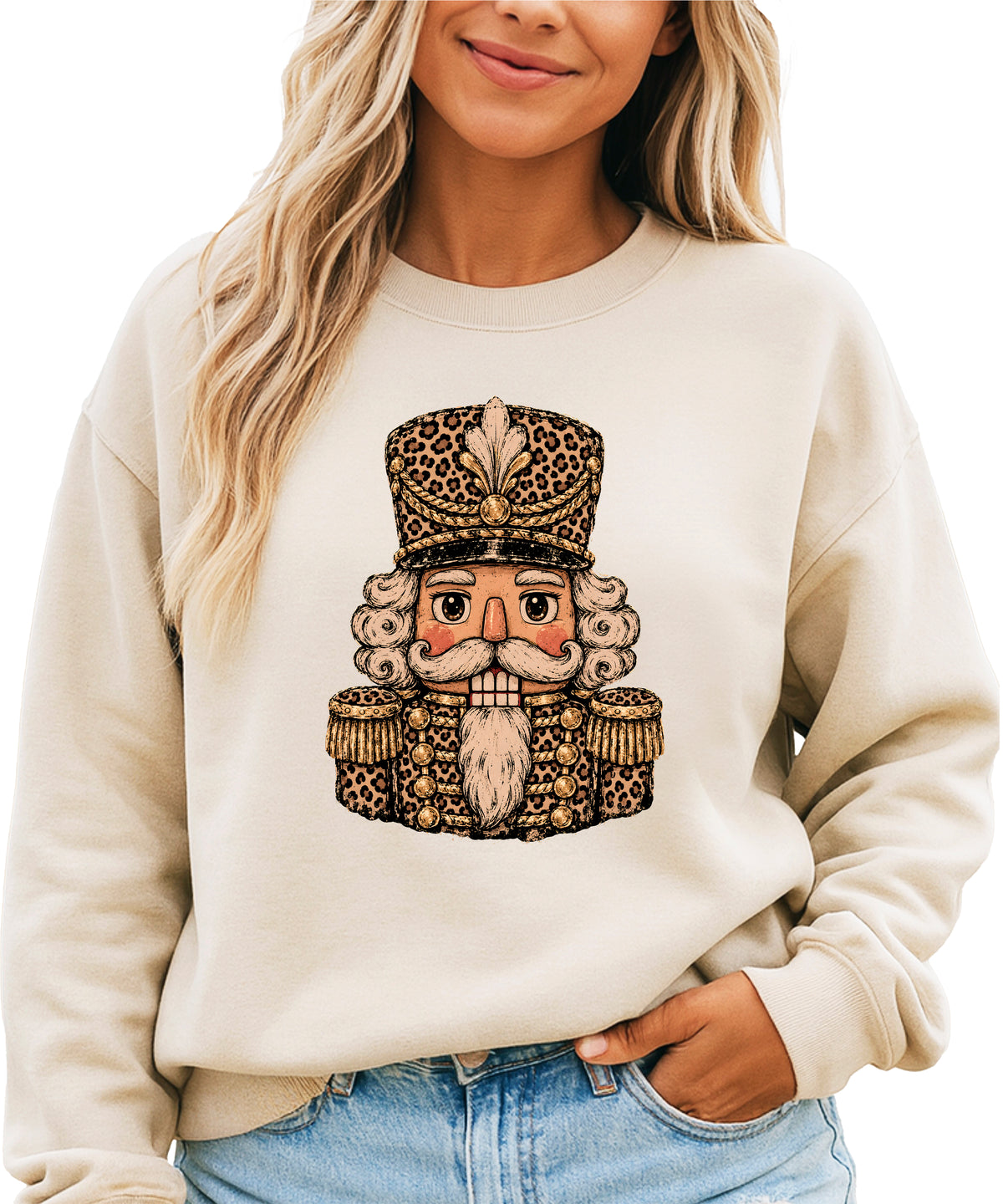 Leopard Nutcracker Christmas Sweatshirt Sand
