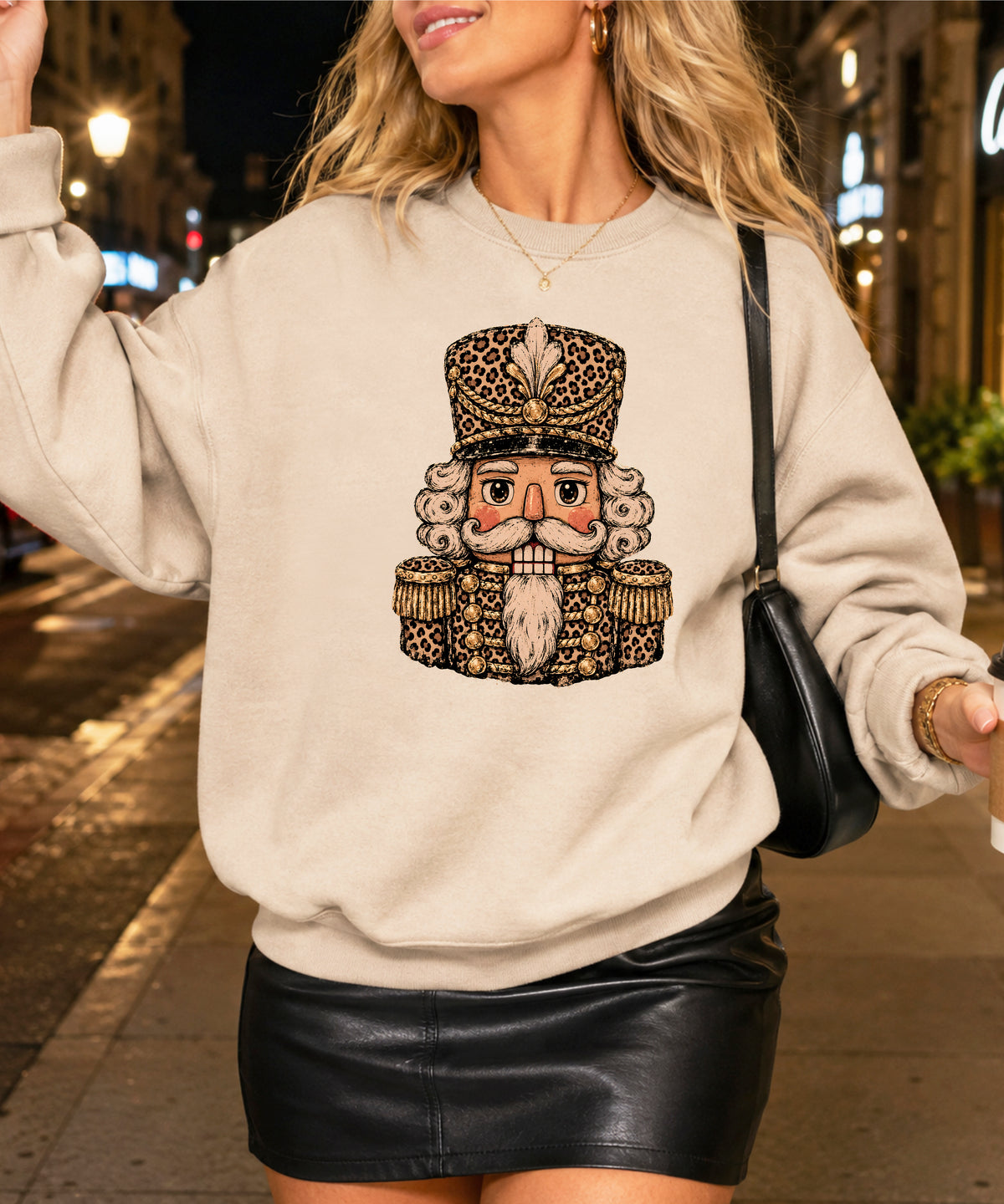 Leopard Nutcracker Christmas Sweatshirt Sand