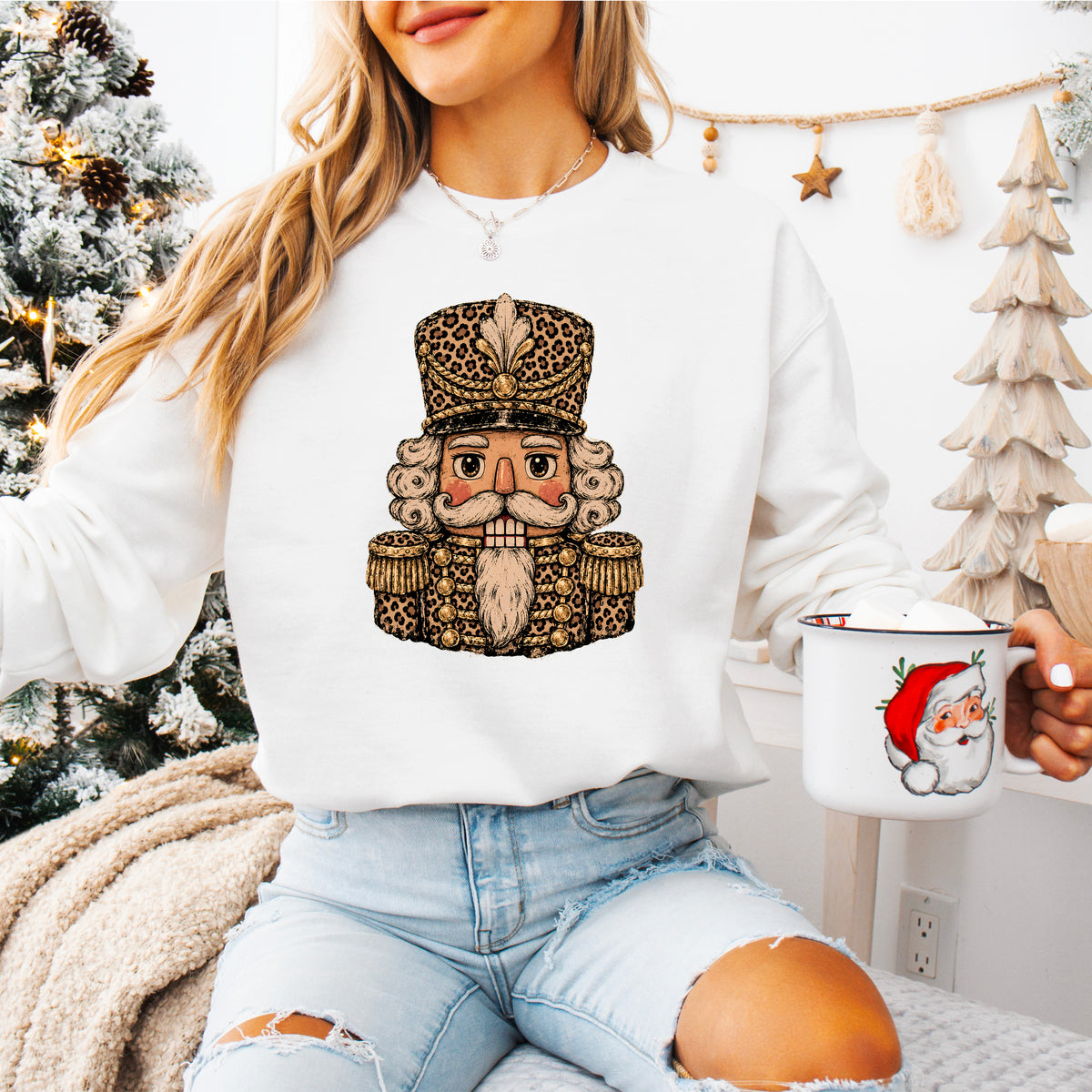 Leopard Nutcracker Christmas Sweatshirt White