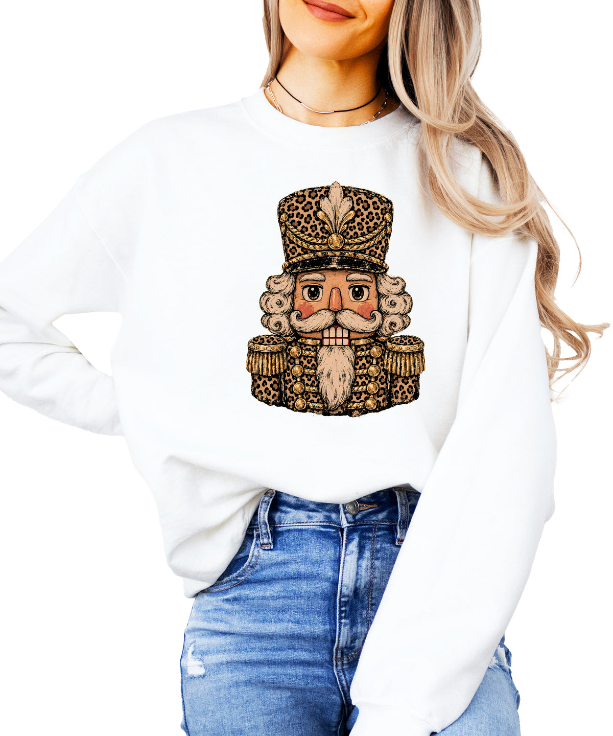 Leopard Nutcracker Christmas Sweatshirt White