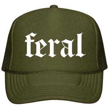 Feral in Gothic Font Trucker Hat Funny Summer Unisex Classic 5 Panel Mesh Snap Back