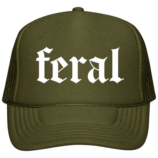 Feral in Gothic Font Trucker Hat Funny Summer Unisex Classic 5 Panel Mesh Snap Back