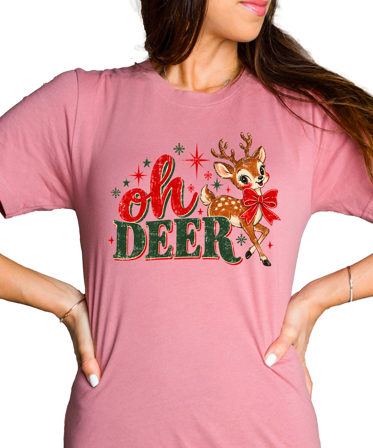 Oh Deer retro reindeer Christmas shirt in Mauve, women sizes
