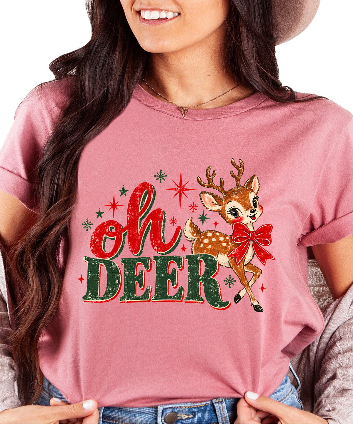 Oh Deer retro reindeer Christmas shirt in Mauve, women sizes