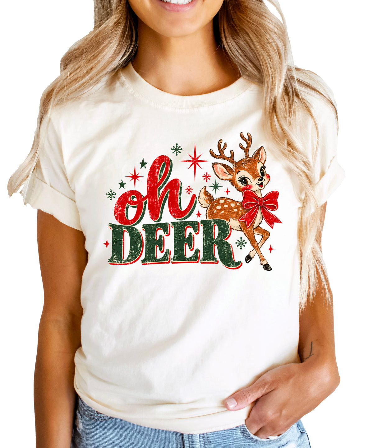 Oh Deer retro reindeer Christmas shirt in Natural, women sizes