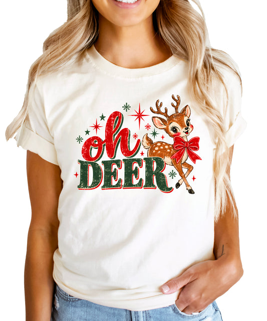 Oh Deer retro reindeer Christmas shirt in Natural, women sizes