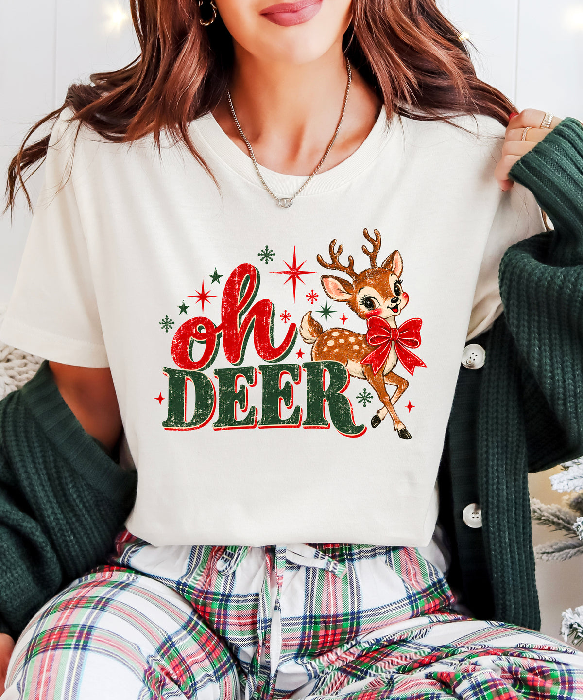 Oh Deer retro reindeer Christmas shirt in Natural, women sizes