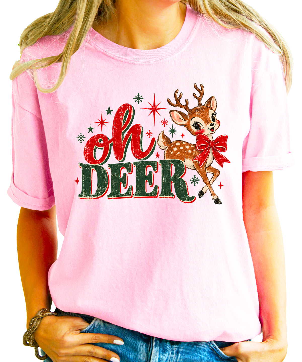 Oh Deer retro reindeer Christmas shirt in Pink, women sizes