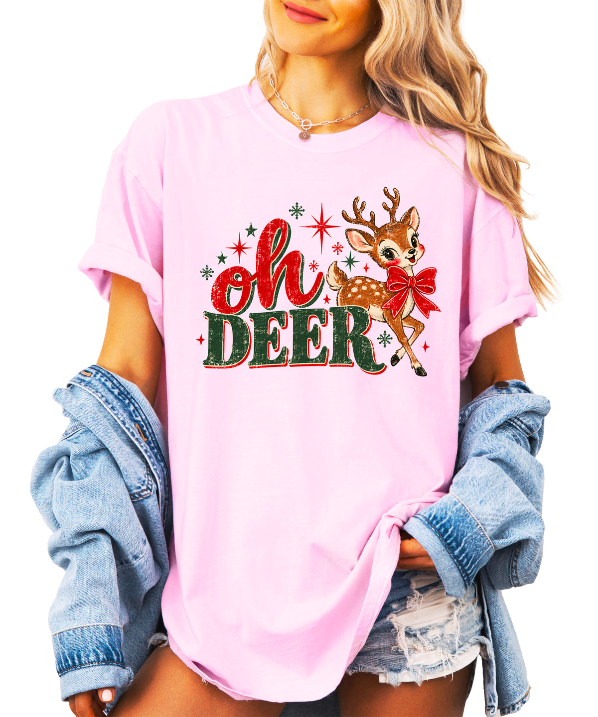 Oh Deer retro reindeer Christmas shirt in Pink, women sizes