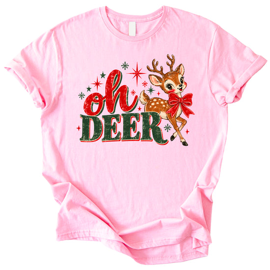 Oh Deer retro reindeer Christmas shirt in Pink, women sizes