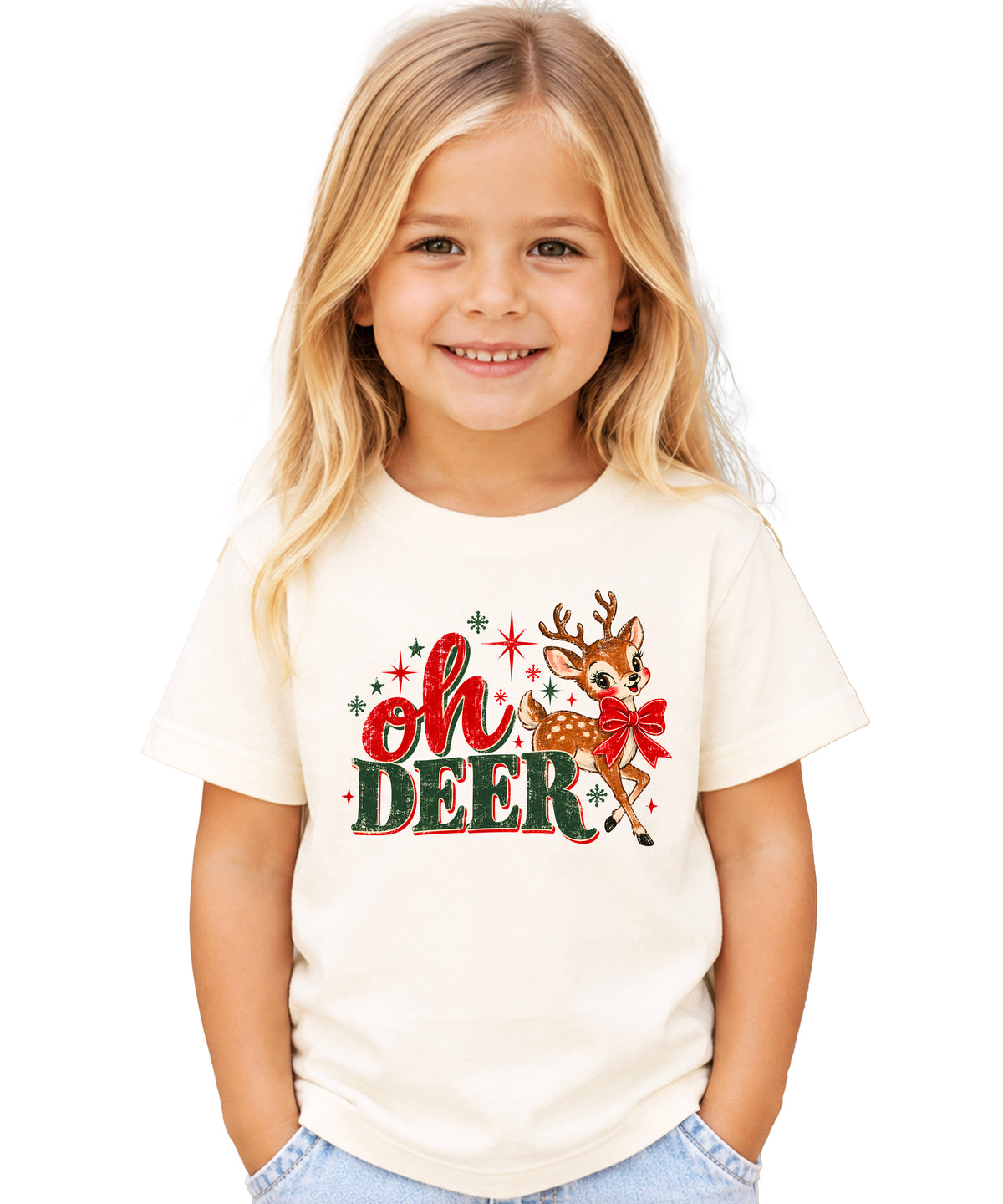Oh Deer retro reindeer Christmas shirt in Natural, girls and toddler sizes