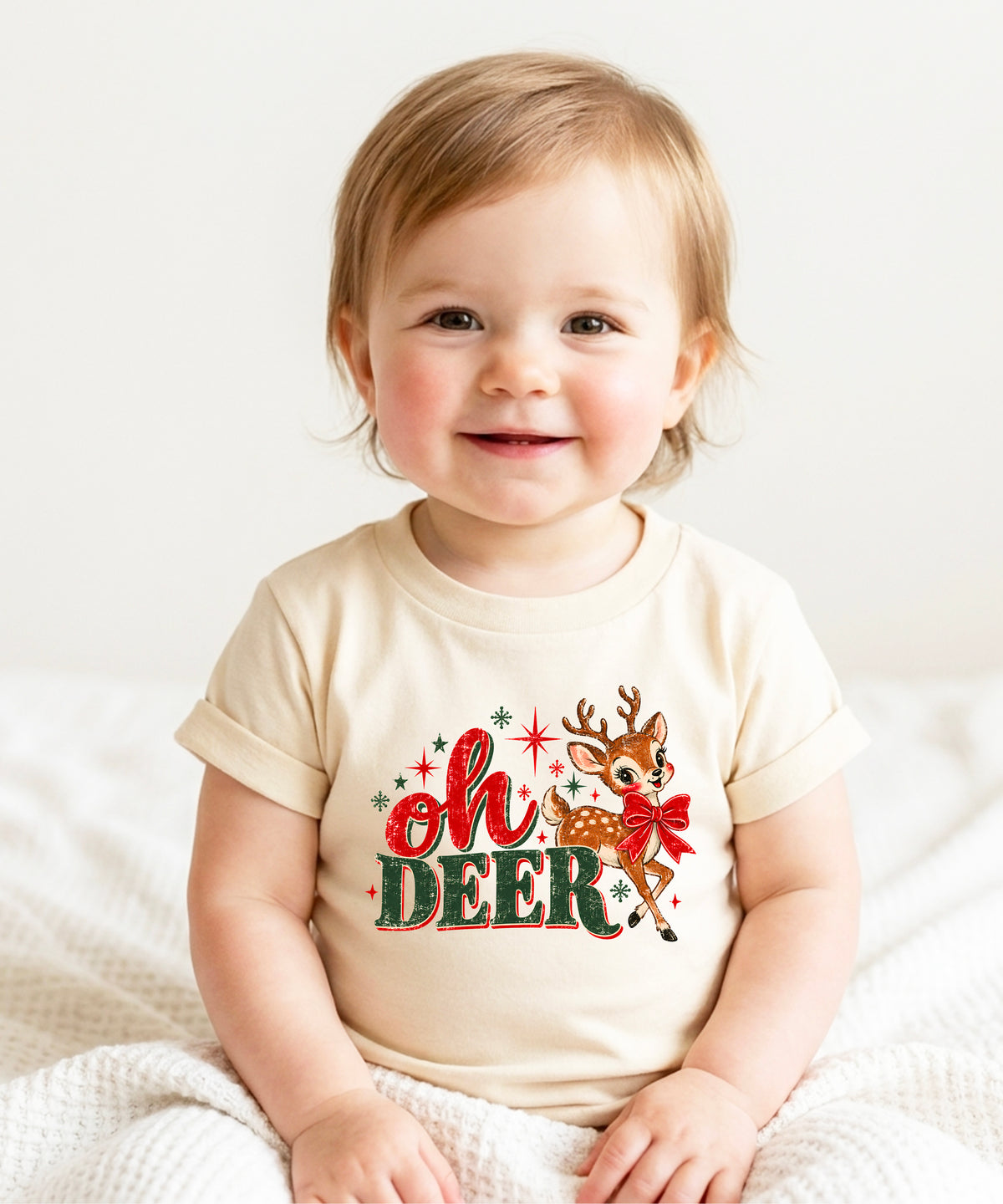 Oh Deer retro reindeer Christmas shirt in Natural, girls and toddler sizes