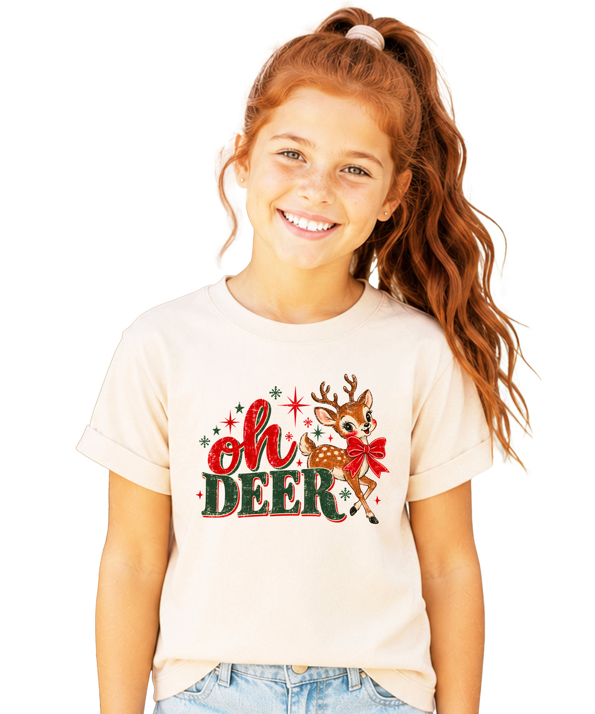 Oh Deer retro reindeer Christmas shirt in Natural, girls and toddler sizes